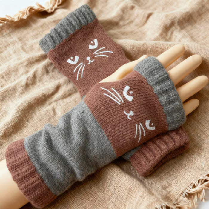 Womens Knitted Fingerless Gloves with Cute Cat