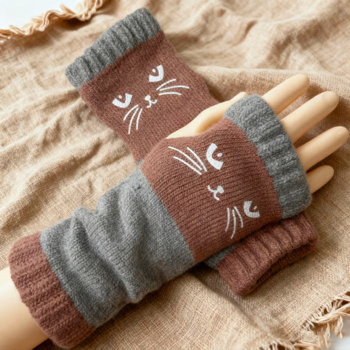 Womens Knitted Fingerless Gloves with Cute Cat