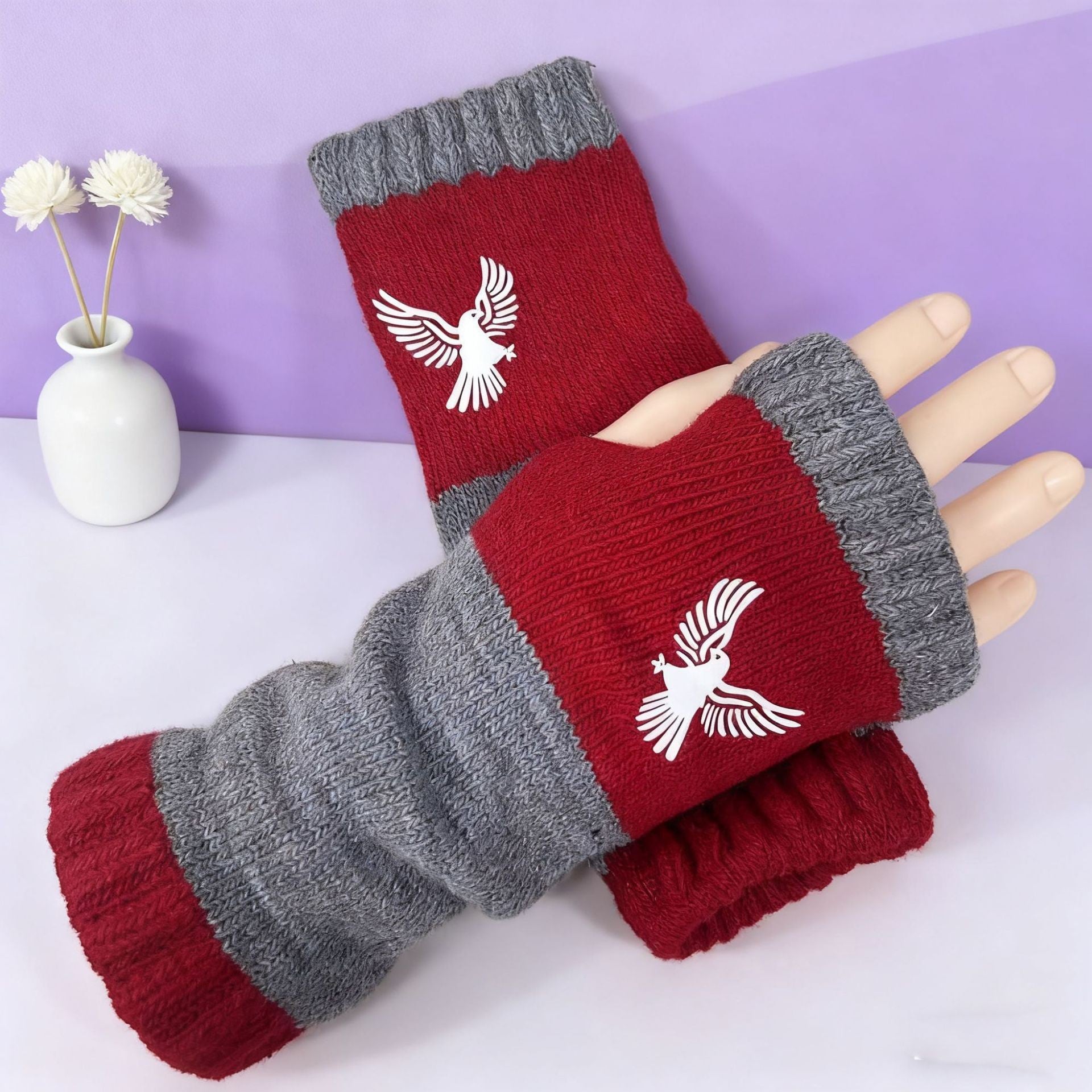 Womens Knitted Fingerless Gloves with Cute Cat