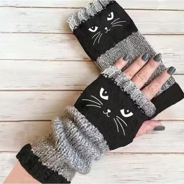Womens Knitted Fingerless Gloves with Cute Cat