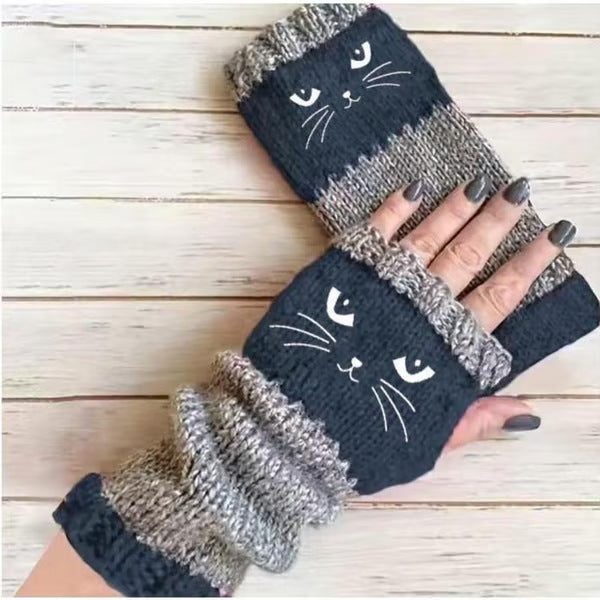Womens Knitted Fingerless Gloves with Cute Cat