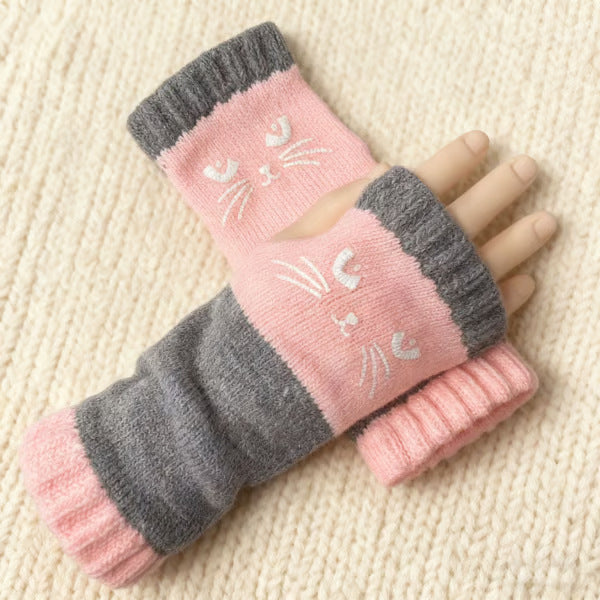Womens Knitted Fingerless Gloves with Cute Cat