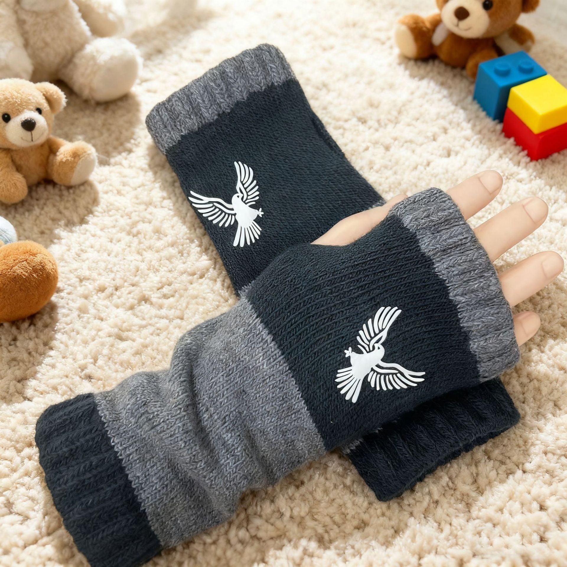 Womens Knitted Fingerless Gloves with Cute Cat