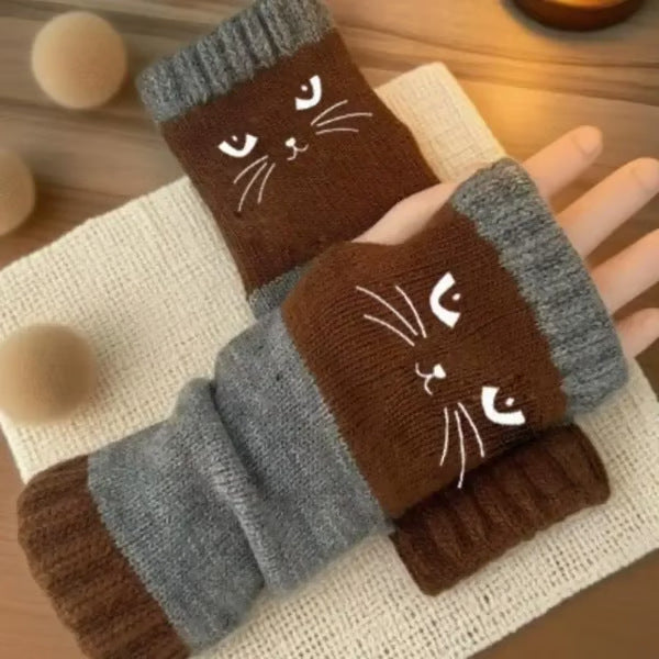 Womens Knitted Fingerless Gloves with Cute Cat
