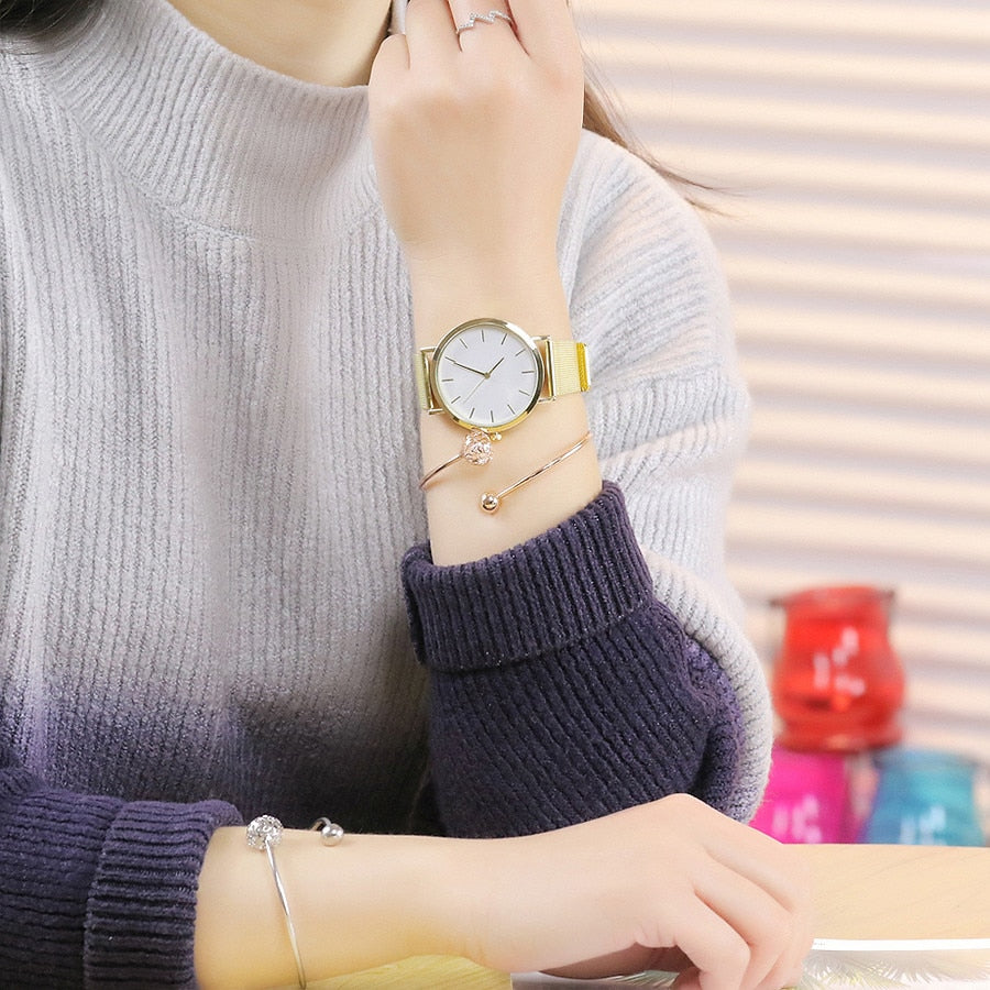 Vansvar Gold Sliver Mesh Stainless Steel Watches Women Top Brand Luxury Casual Clock Ladies Wrist Watch