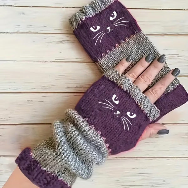 Womens Knitted Fingerless Gloves with Cute Cat