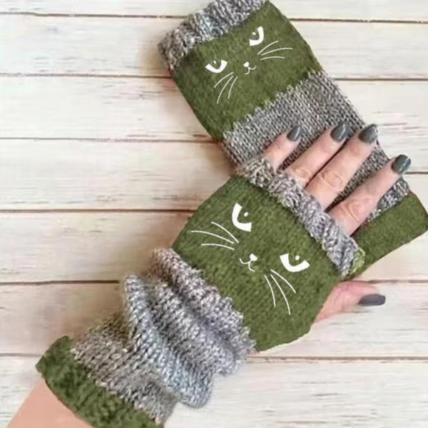Womens Knitted Fingerless Gloves with Cute Cat