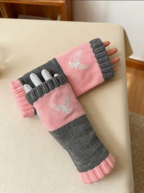 Womens Knitted Fingerless Gloves with Cute Cat