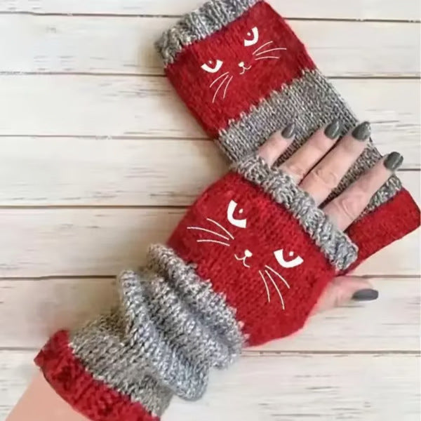 Womens Knitted Fingerless Gloves with Cute Cat