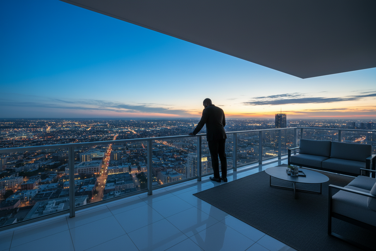 Black man in black suit facing city looking down from balcony
